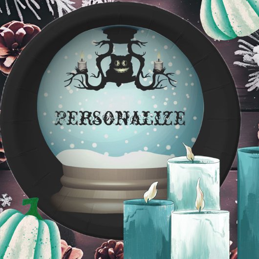 Zwarte kat valt kroonluchter herfst sneeuwbol papieren bordje