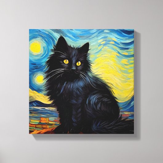 Zwarte kat van Gogh Sky Canvas Afdruk (Voorkant)