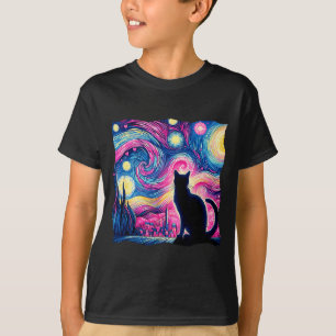 Zwarte Kat Van Gogh Sterrennacht Kunst Hartjes Val T-shirt