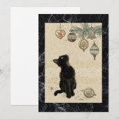 Zwarte kat van marmer kijkt naar ornamenten feestdagenkaart (Voorkant / Achterkant)