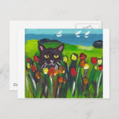 Zwarte kat van tulpen briefkaart (Voorkant / Achterkant)