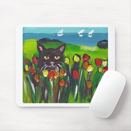 Zwarte kat van tulpen muismat (Met muis)
