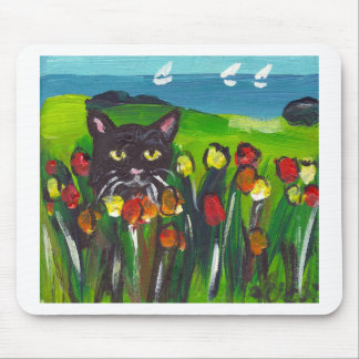 Zwarte kat van tulpen muismat