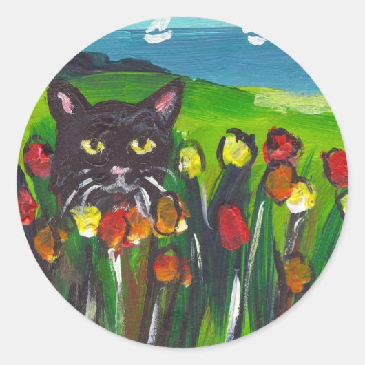 Zwarte kat van tulpen ronde sticker (Voorkant)