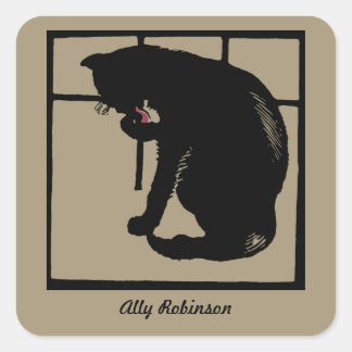Zwarte kat vector kunst (houtsnede) bookplate vierkante sticker