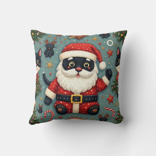 Zwarte kat verkleed als kerstman kussen (Achterkant)