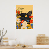 Zwarte kat verstopt zich tussen bloemen poster (Keuken)