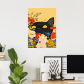 Zwarte kat verstopt zich tussen bloemen poster (Thuiskantoor)