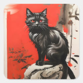 Zwarte kat vierkante sticker (Voorkant)