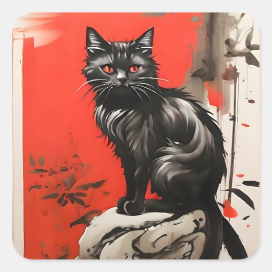 Zwarte kat vierkante sticker (Voorkant)