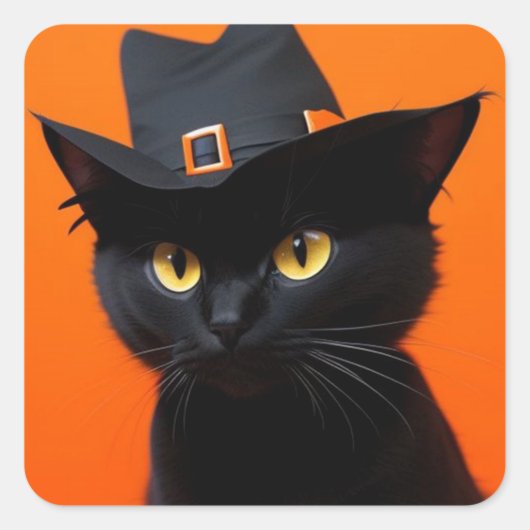 Zwarte kat vierkante sticker (Voorkant)