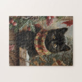 Zwarte Kat Vintage Kerstkunst Legpuzzel (Horizontaal)