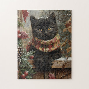 Zwarte Kat Vintage Kerstkunst Legpuzzel