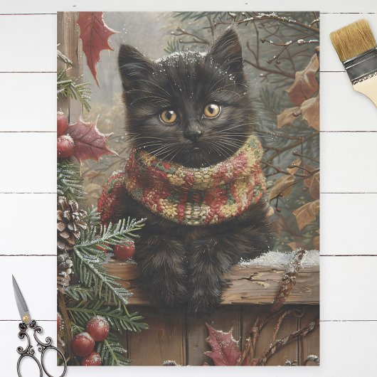 Zwarte Kat Vintage Kerstmis Decoupage Tissuepapier