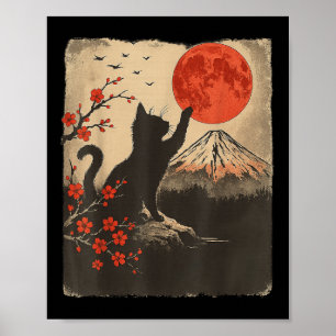 Zwarte Kat Vintage Retro Japan Kunst Japans Thema Poster