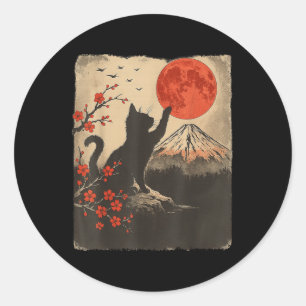 Zwarte Kat Vintage Retro Japan Kunst Japans Thema  Ronde Sticker