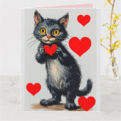 ZWARTE KAT VINTAGE VALENTIJN DAG Kaart (Gele Bloem)
