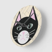 Zwarte kat visgraat beige ronde klok (Hoek)