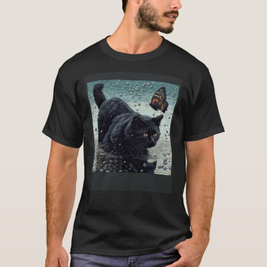 Zwarte Kat Vissende Vlinder T-shirt (Voorkant)