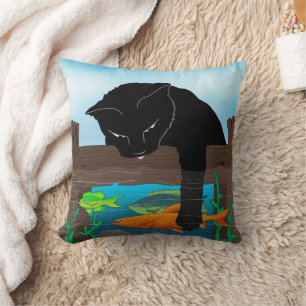 Zwarte kat Vist blauw Sierkussen