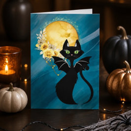 Zwarte Kat | Vleermuis Kat | Elegante Halloweenkaa Feestdagen Kaart