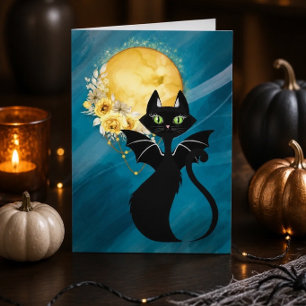 Zwarte Kat Vleermuis Kat Elegante Halloweenkaa Feestdagen Kaart