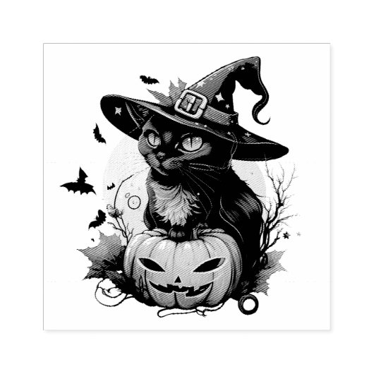 Zwarte Kat, Vleermuizen en Jack-O-Lantern Rubberstempel (Afrduk)