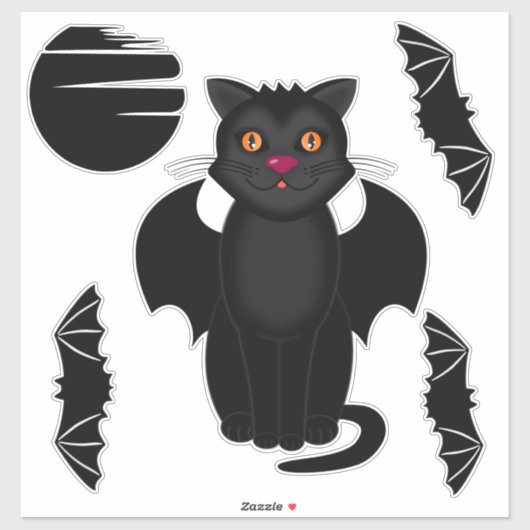 Zwarte kat, vleermuizen en maan Halloween Sticker (Vel)