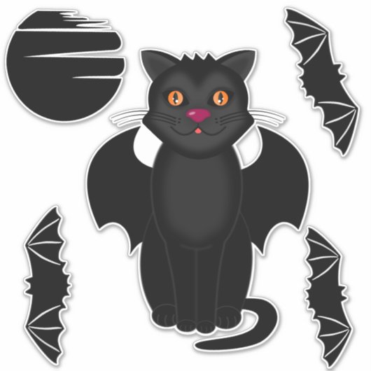 Zwarte kat, vleermuizen en maan Halloween Sticker (Voorkant)