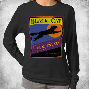Zwarte Kat Vliegschool Retro Halloween T-shirt