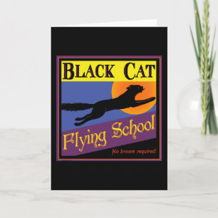 Zwarte Kat Vliegschool Vintage Halloween Kunst Kaart