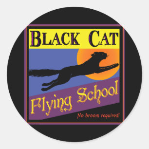 Zwarte Kat Vliegschool Vintage Halloween Kunst Ronde Sticker