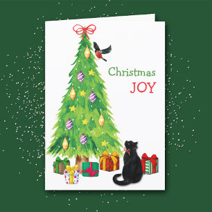 Zwarte kat, vogel en kerstboomgaard feestdagen kaart