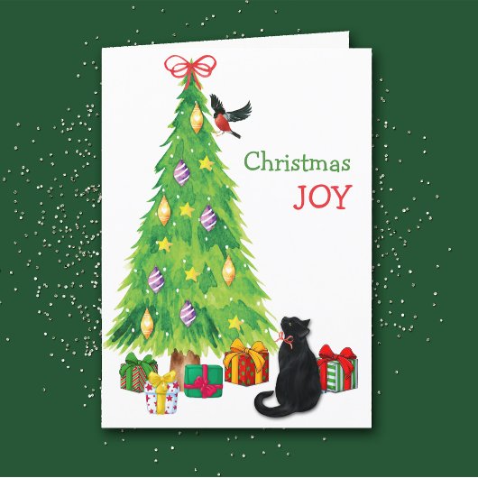 Zwarte kat, vogel en kerstboomgaard feestdagen kaart