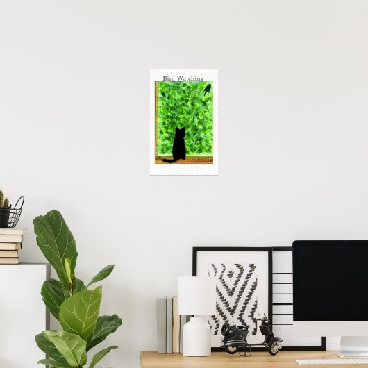 Zwarte Kat Vogel Kijken Leuk Dieren Kunst Poster (Thuiskantoor)