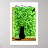 Zwarte Kat Vogel Kijken Leuk Dieren Kunst Poster (Voorkant)