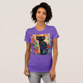 Zwarte kat volks kunst t-shirt (Voorkant volledig)