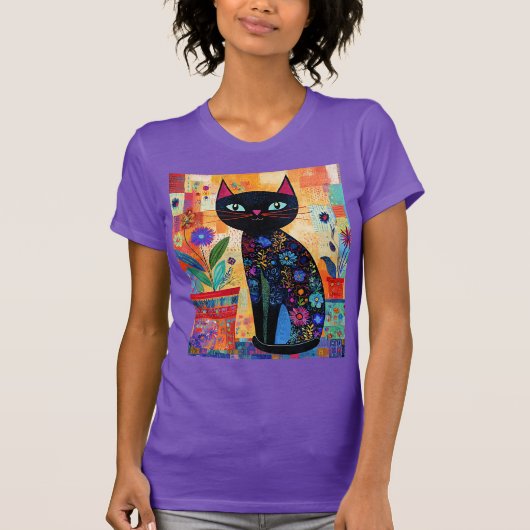 Zwarte kat volks kunst t-shirt (Voorkant)