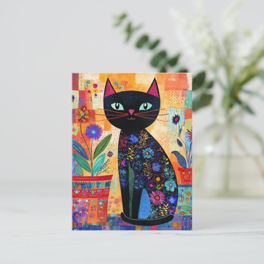 Zwarte Kat Volkskunst Briefkaart (Staand voorkant)