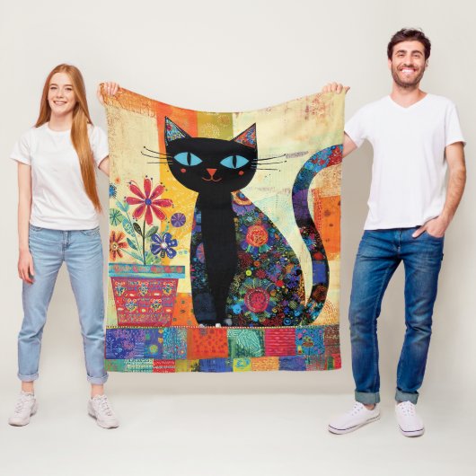 Zwarte Kat Volkskunst Fleece Deken (In situ)