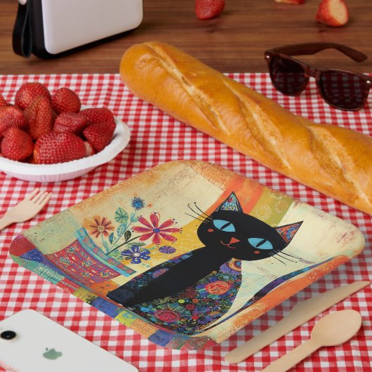 Zwarte Kat Volkskunst Papieren Bordje (Picknick)