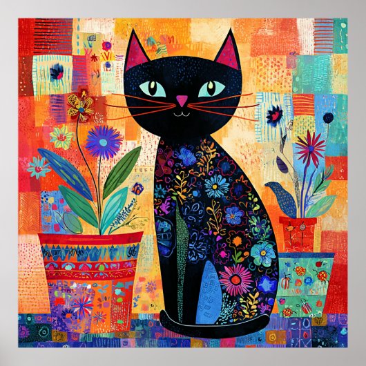 Zwarte Kat Volkskunst Poster (Voorkant)
