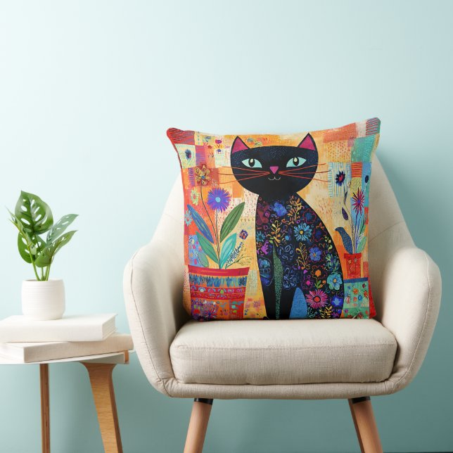 Zwarte Kat Volkskunst (Potplanten) Kussen (Stoel)