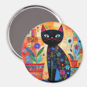 Zwarte Kat Volkskunst (Potplanten) Magneet (Voorkant / Achterkant)