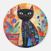 Zwarte Kat Volkskunst (Potplanten) Magneet (Voorkant)