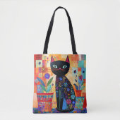 Zwarte Kat Volkskunst (Potplanten) Tote Bag (Voorkant)