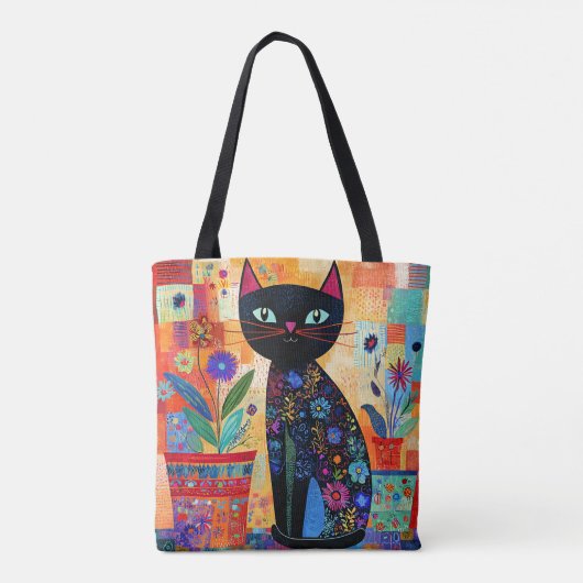 Zwarte Kat Volkskunst (Potplanten) Tote Bag (Achterkant)