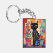 Zwarte Kat Volkskunst Sleutelhanger (Voorkant Links)
