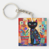 Zwarte Kat Volkskunst Sleutelhanger (Voorkant)