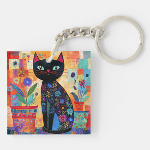 Zwarte Kat Volkskunst Sleutelhanger
